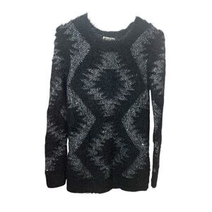 NEVADA Vintage Geometric Wool Blend Sweater Ribbed Black Knit Pullover Sequins